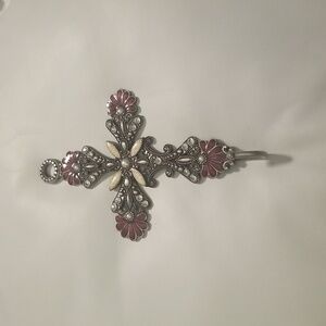 Women's Jeweled Cross Metal Hook Hanger; Size 5x8 inches; Purple Pewter & Beige